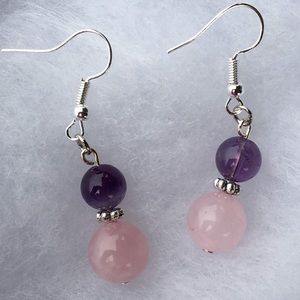 Purple Amethyst Pink Rose Quartz Earrings